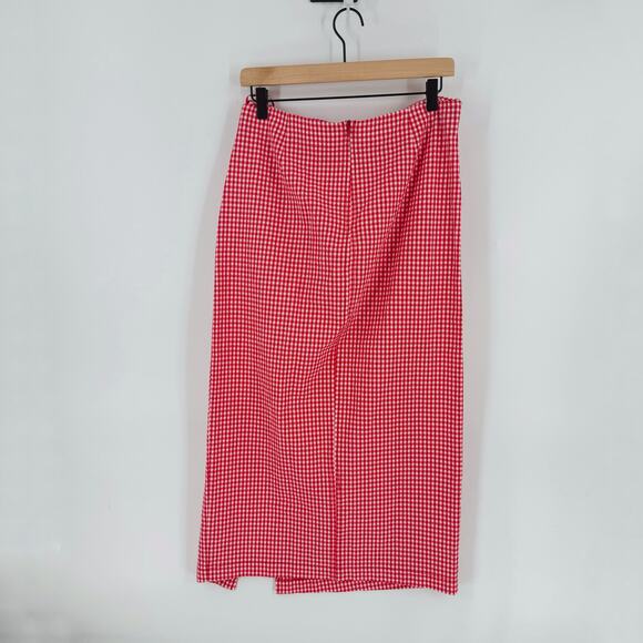 Zara Red White Gingham Midi Skirt Side Slit Mid Rise Ruched Size L Large - Picture 3 of 7